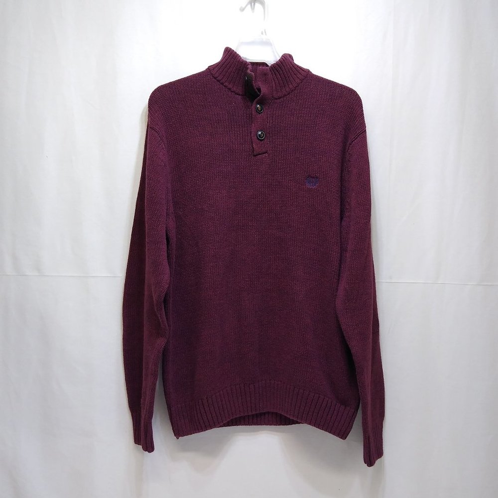 Chaps Men's Pullover Knit Sweater Large 1/4 Button 100% Cotton Elbow Patches EUC